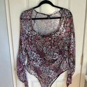 SHEIN Pink and Black Floral Sheer Long-Sleeve Bodysuit